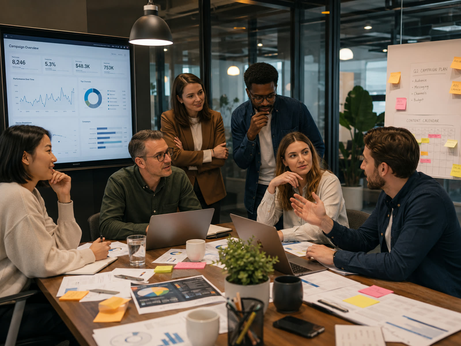 The team in a strategy session around live campaign dashboards